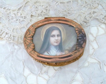 Antique French ormolu trinket jewelry box w saint Therese de Lisieux st Theresa of child Jesus, RARE religious souvenir jewelry keepsake box