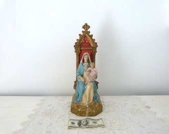 LARGE Antique French religious statue Madonna with child Jesus on throne, our lady statue hand painted plaster sculpture w halo, glass eyes