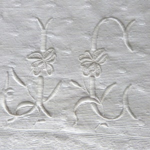 Antique French monogrammed JC white bedspread Provencal w raised angel cherub design throw quilt coverlet blanket afghan vintage bed linens