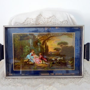 Rare Antique French serving tray stand w glass cover, foil paper, print under glass with romantic elegant design, boudoir home decor gift