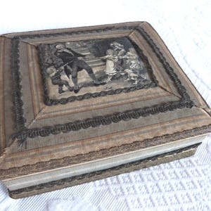 Antique French fabric covered box w signed print on silk w gold metallic trim, keepsake jewelry box, decorative storage box, boudoir decor