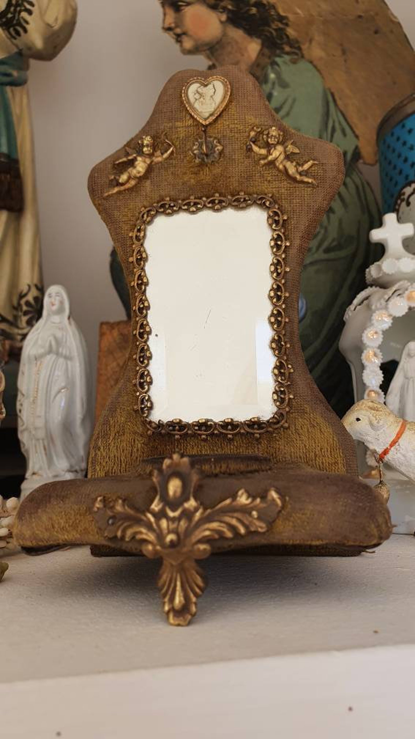 Antique French Vanity Mirror Stand Green Velvet W Ormolu Etsy