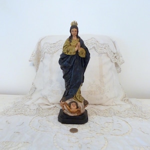 Vintage religious Madonna statue w angels cherubs religious immaculated conception our lady Holy virgin Mary saint 1900s handpainted w halo