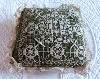 Antique French pincushion handmade needle lace w green velvet, silk satin, hand made sewing pin cushion w floral design, sewing tool supply