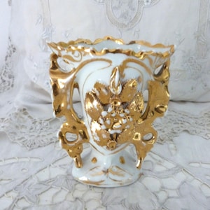 Antique French porcelain vase w handpainted gilded floral decor w gold paint 1800s French old porcelain of Paris wedding vase boudoir decor
