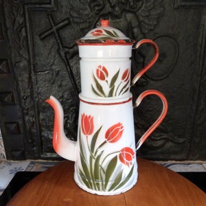 XL Antique French enamel ware coffee pot w tulips, floral enamelware cafetiere French farmhouse country cottage kitchenware kitchen decor