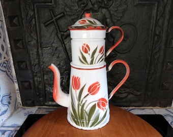 XL Antique French enamel coffee pot w tulips, floral enamelware cafetiere French farmhouse country cottage kitchenware kitchen decor gift