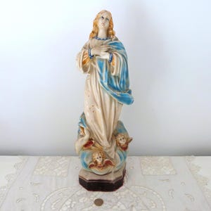 TALL Antique religious Madonna statue w angels cherubs religious immaculated conception our lady Holy virgin Mary saint 1900s handpainted