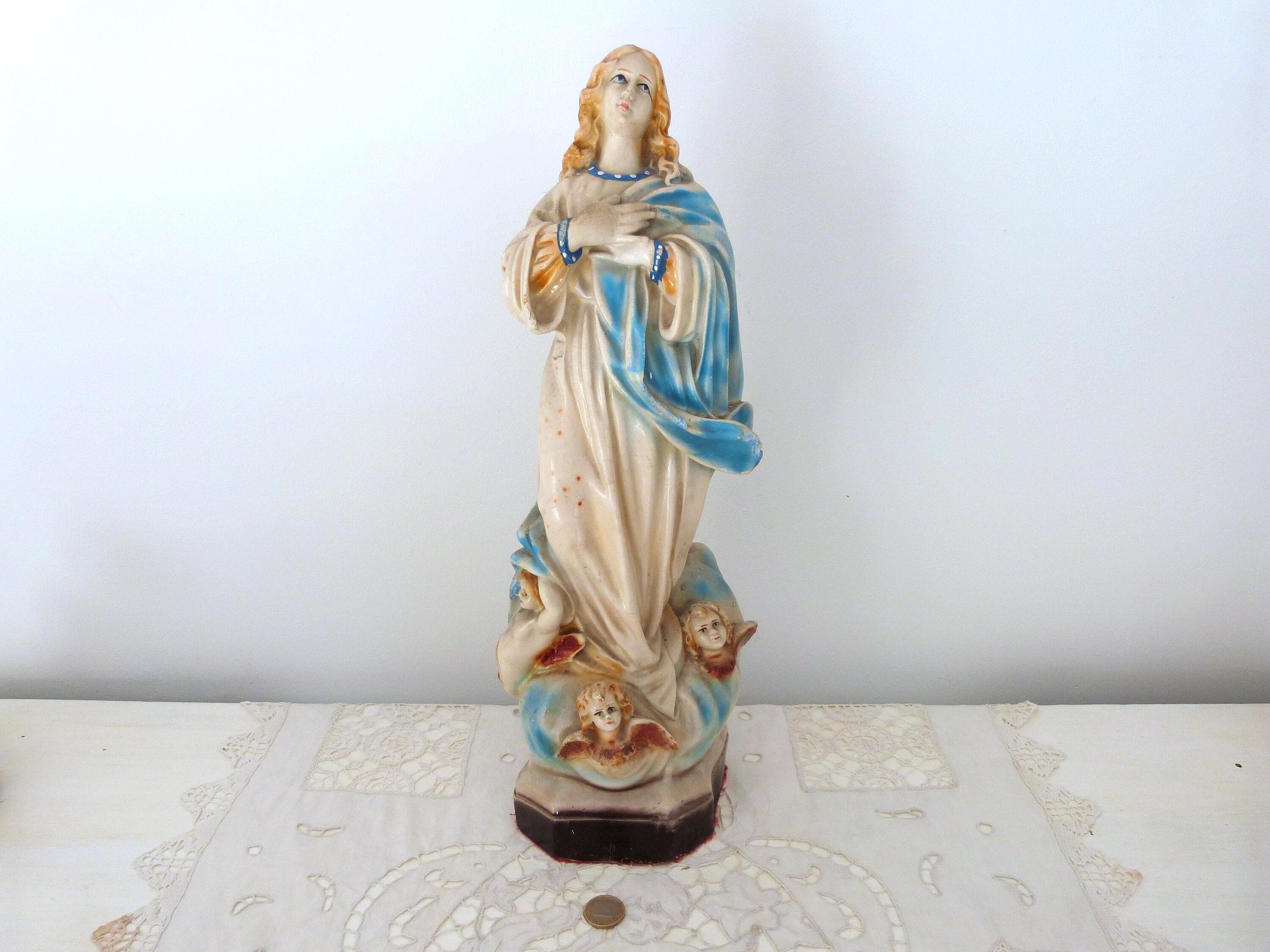 TALL Antique Religious Madonna Statue W Angels Cherubs Religious