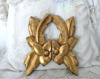 French antique gilded wooden hand sculptured architectural salvaged bas relief ornaments w roses and leaves, 1700s French home decor