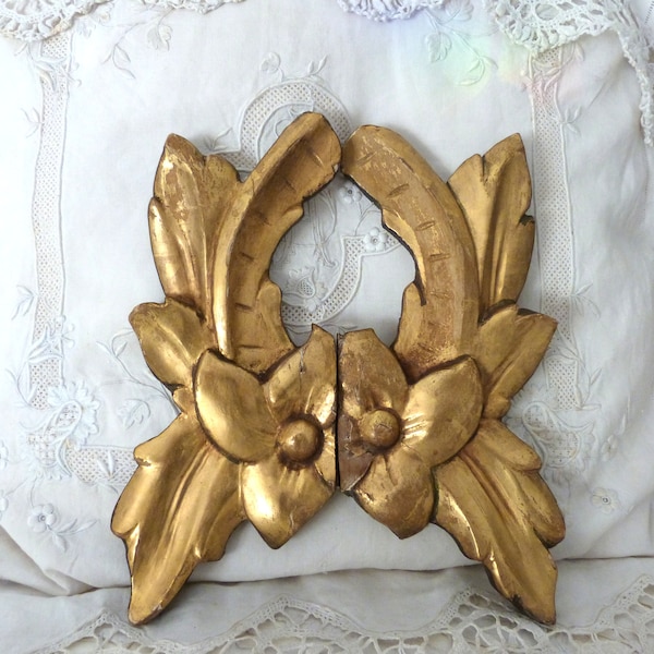 French antique gilded wooden hand sculptured architectural salvaged bas relief ornaments w roses and leaves, 1700s French home decor