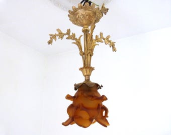 Antique French 1900s signed bronze lighting chandelier hanging ceiling light lamp lantern suspension w orange glass lamp shade, home decor