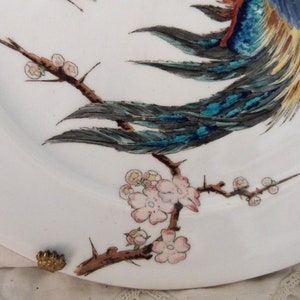 May include: A white porcelain plate with a blue and yellow bird perched on a branch with pink blossoms. The bird's tail feathers are spread out and the branch has thorns.