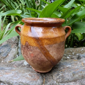 May include: A rustic, glazed ceramic pot with two handles. The pot features a brown and tan color scheme with a diagonal stripe. The pot is sitting on a stone surface, with green foliage in the background. A decorative item.