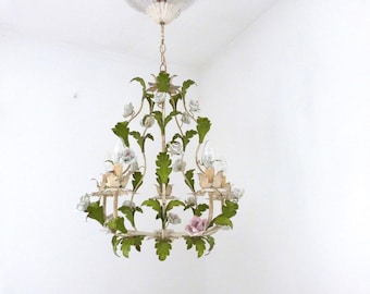 Antiker italienischer Toleware Kronleuchter w handbemalte Porzellan Rosen, seltene große romantische Deckenleuchte Pendelleuchte Lampe Dekorlicht