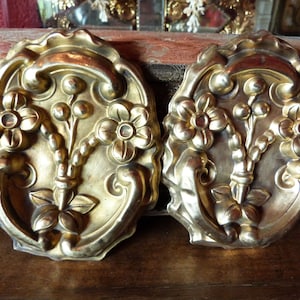 Antique gilded ormolu floral picture hook covers bas relief wall hanging decor ornaments French architectural salvaged 1800s architecture