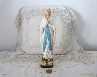 French Antique religious Holy virgin Mary statue of Lourdes madonna madonne our mother lady of Lourdes saint signed statue w rosary cross