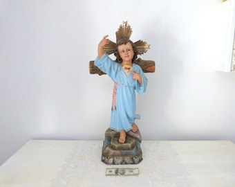 XL Antique religious statue infant child Jesus sculpture hand painted w glass eyes w halo on cross crucifix, signed devotional church decor