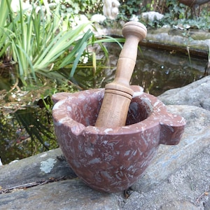 Antique red marble chemist apothecary mortar w pestle French 1800s kitchenware from France French country cottage cooking kitchen decor gift
