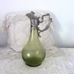 Antique French green glass liquor water decanter jug carafe bottle w silverplated pewter lid and handle, 1800s ArtNouveau  table ware gift