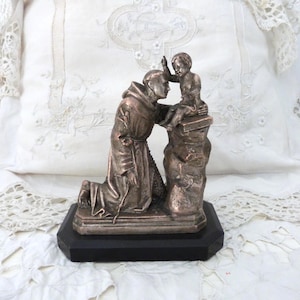 Antique French religious signed statue of saint Antoine de Padoue Saint Anthony with child Jesus statue spelter sculpture on marble base