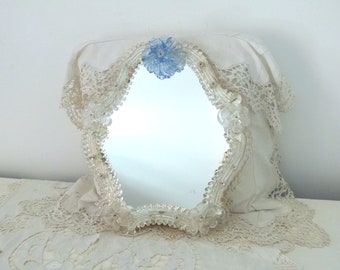 Antique Venetian mirror murano glass mirror vanity mirror w blue glass flower, beads, vintage boudoir home decor mirror, wall mirror miror