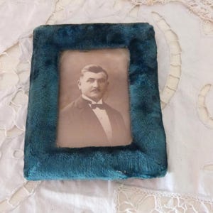 Antique French blue silk velvet picture frames w sepia picture of man, blown glass cover, 1900s Victorian picture frame, home decor gift image 2