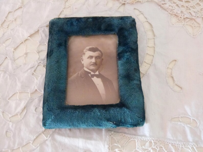 Antique French blue silk velvet picture frames w sepia picture of man, blown glass cover, 1900s Victorian picture frame, home decor gift image 2