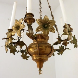 Large antique French religious church Chandelier Ceiling hanging lamp w bronze flowers RARE devotional Catholic art for church decor gift