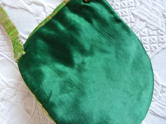Antique French hand made green silk satin brocade… - image 8