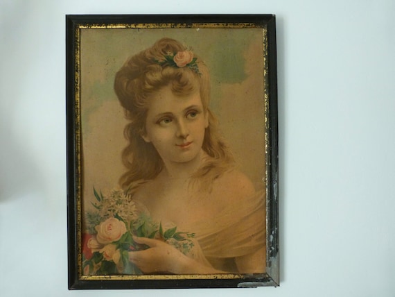 French home wall decor chromo lithographic art Antique French chromo frame 1800s chromolithography w young lady w roses