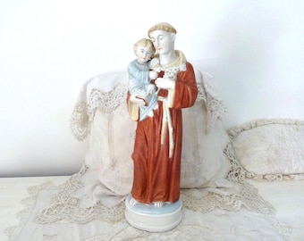 TALL antique religious statue of saint Antoine de Padoue Saint Anthony with child infant Jesus sculpture hand painted bisque religious art