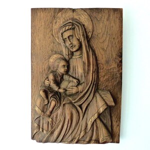 Antique 1900s religious hand carved wooden bas relief frame with the Holy virgin Mary, Madonna and child Jesus, wall hanging decor plaque