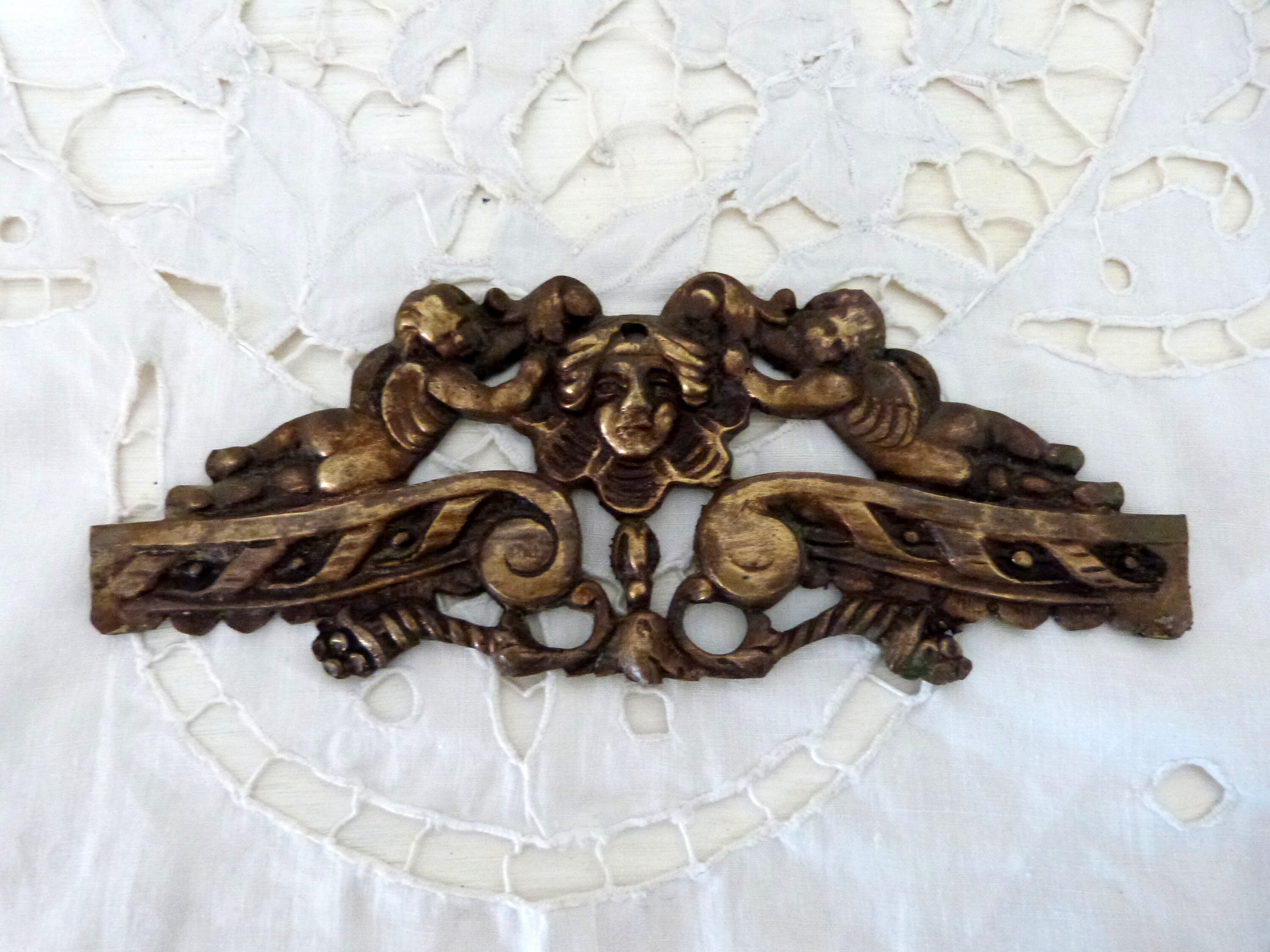 Antique French bronze furniture hardware w putti cherubs angels, 1800s french hard ware cartouche salvaged architectural hardware home decor