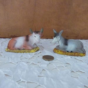 1900s donkey w cow Christmas nativity creche antique French hand made painted terracotta figurine Christmas tree stocking holiday home decor