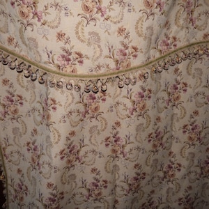 Antique French floral Gobelin tapestry window curtain drape drapery panel w pelmet canopy valance w bobble trim, lined 1900s window drapery