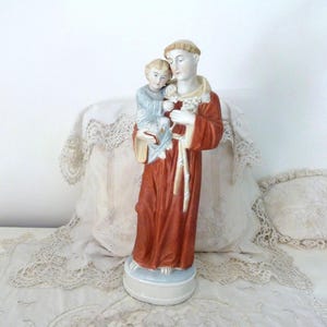 TALL antique religious statue of saint Antoine de Padoue Saint Anthony with child infant Jesus sculpture hand painted bisque religious art