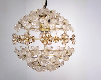 Vintage 1970s French brass dome light w clear glass flowers w beads, retro ceiling light pendant lighting chandelier fixture lamp home decor