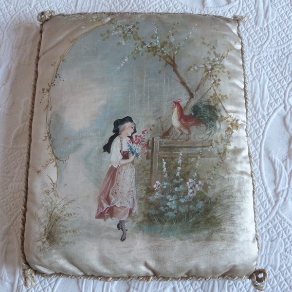 Bas de sac de lingerie en soie Français antique pochette boudoir trousseau LARGE vanité florale Français avec coq fille w peint, cadeau art de la soie