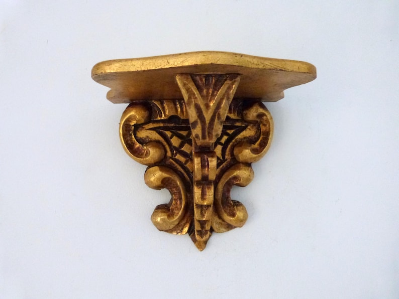 Antique French Gilded Wooden Wall Console Shelf, Hand Carved Gold Tone