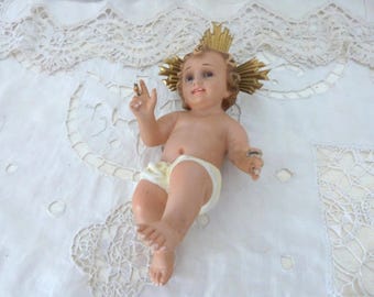 Antique French religious statue infant child baby Jesus Christ nativity christmas handpainted figure w glass eyes and halo, church decor