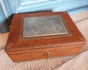 Antique leather wooden sewing jewelry box w silver marquetry inlay picture plaque 1900s French trinket keepsake box, French boudoir decor