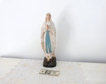 TALL French Antique religious Holy virgin Mary statue of Lourdes madonna our holy mother lady of Lourdes saint signed statue w rosary cross
