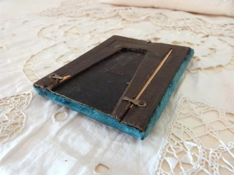 Antique French blue silk velvet picture frames w sepia picture of man, blown glass cover, 1900s Victorian picture frame, home decor gift image 6