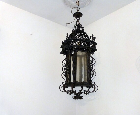 Antique French glass lantern chandelier LARGE iron lighting hanging ceiling light lamp, rustic farmhouse country cottage gothic home decor Antique French glass lantern chandelier LARGE iron lighting hanging ceiling light lamp, rustic farmhouse country cottage gothic home decor