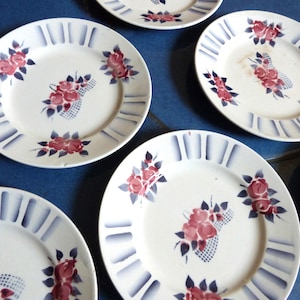 set 6 Antique French Longchamp faience transferware plates w art deco pink roses, plate collection, starter or dessert plates made in France