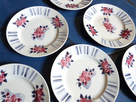 Set 6 Antique French Longchamp Faience Transferware Plates W Art