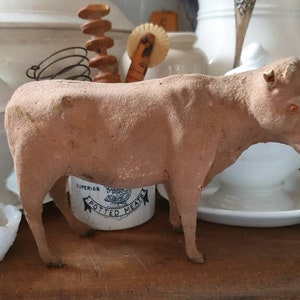 LARGE 1900s flocked cow animal Christmas nativity creche antique French Devineau crib figurine santon, Christmas tree holiday home decor