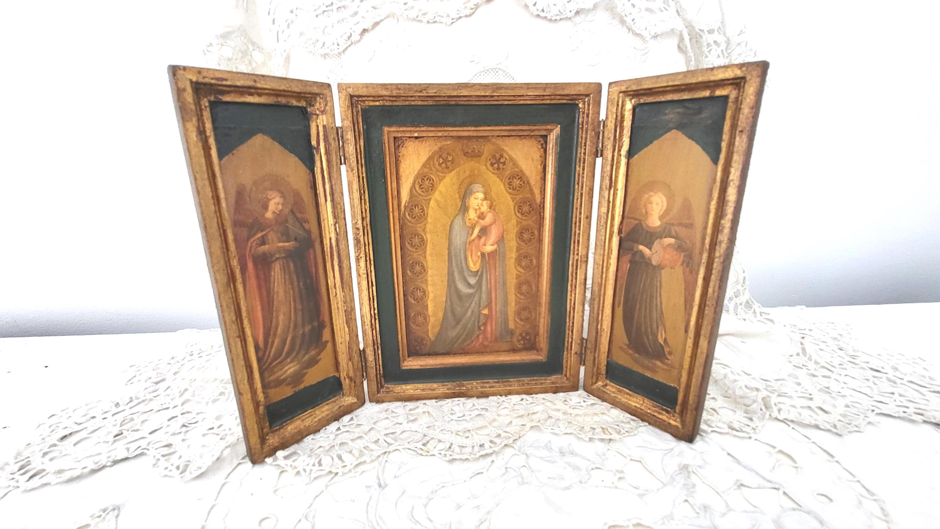 Rare Antique Florentine Hand Painted Triptych Madonna W Child Jesus ...
