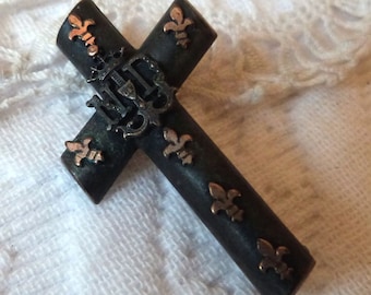 Victorian mourning jewelry crucifix cross brooch pin French 1800s antique black brooch mourning pin w fleur de lis lys, black gothic jewelry